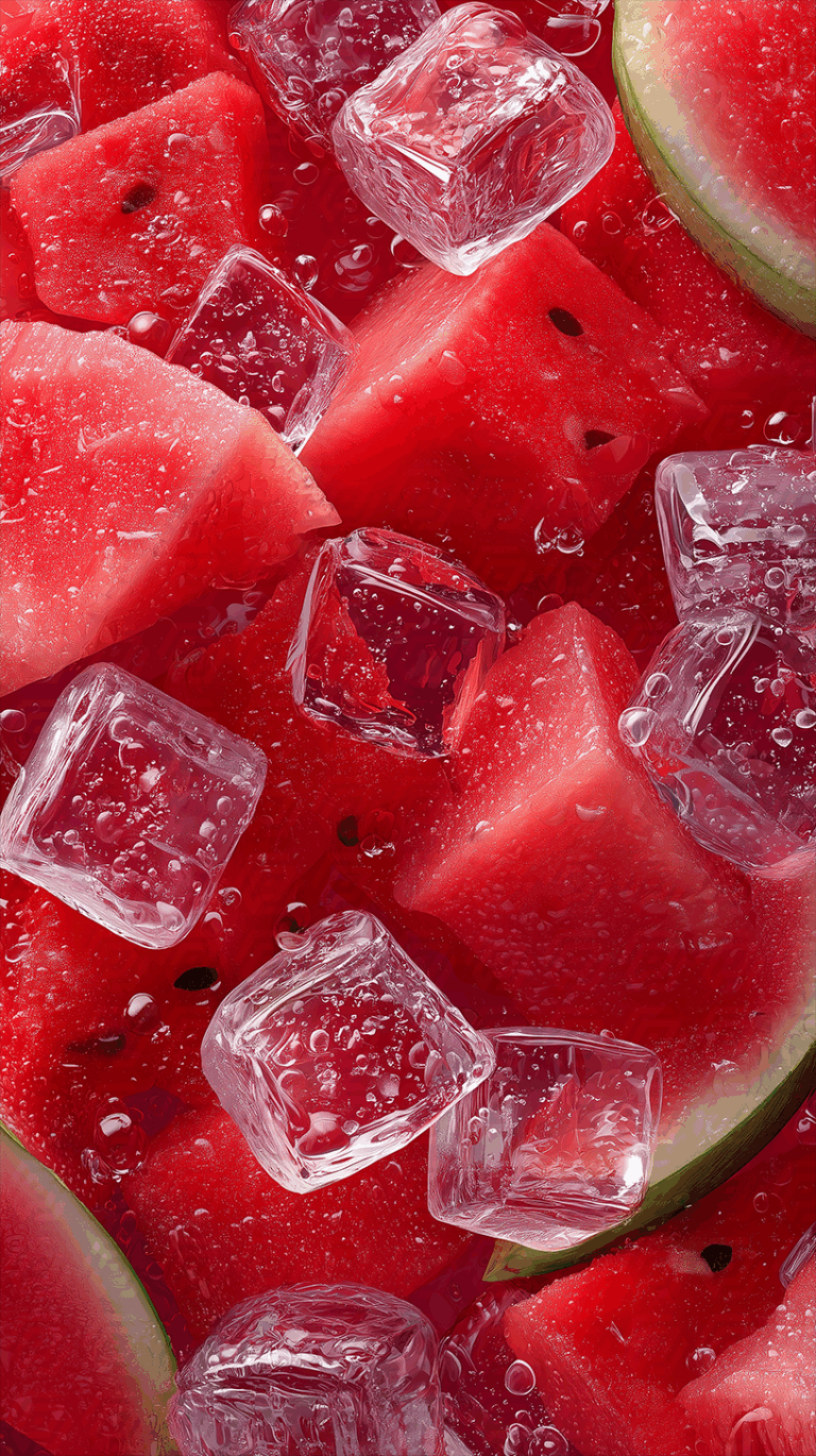 Abstract View Of Watermelon Chunks And Ice Cubes