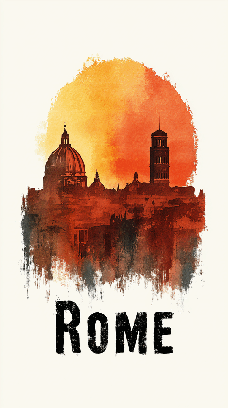 Watercolor Rome Skyline Silhouette At Sunset