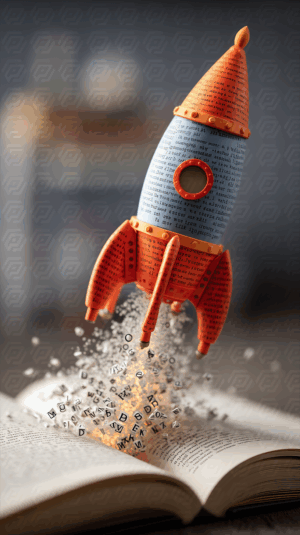 Rocket Made of Text Taking Off from Open Book with Flying Letters
