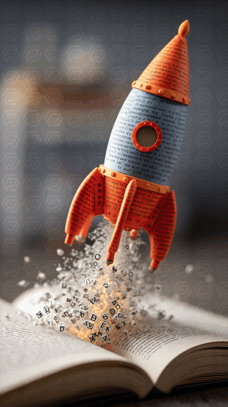 Rocket Made of Text Taking Off from Open Book with Flying Letters