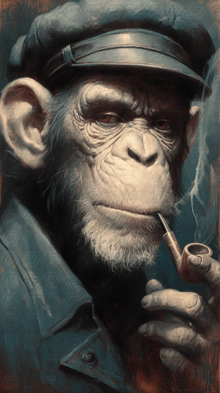 Elderly Chimpanzee in Cap Smoking a Pipe Close-Up