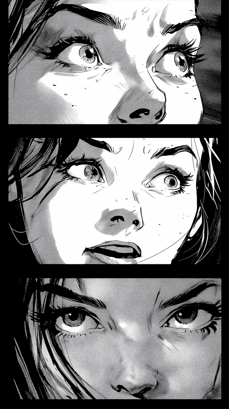 Intense Comic Panel Sequence Showing Shocked Facial Expressions