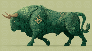 Floral Engraved Bull in Green Tones with Gold Horns
