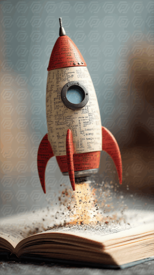 Retro Textured Rocket Lifting Off from Open Book in a Dreamlike Scene