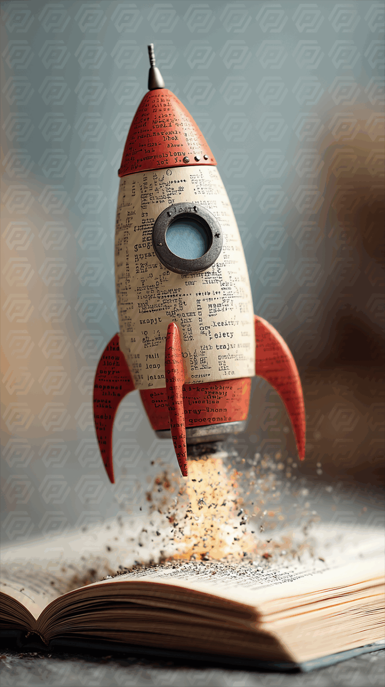 Retro Textured Rocket Lifting Off from Open Book in a Dreamlike Scene