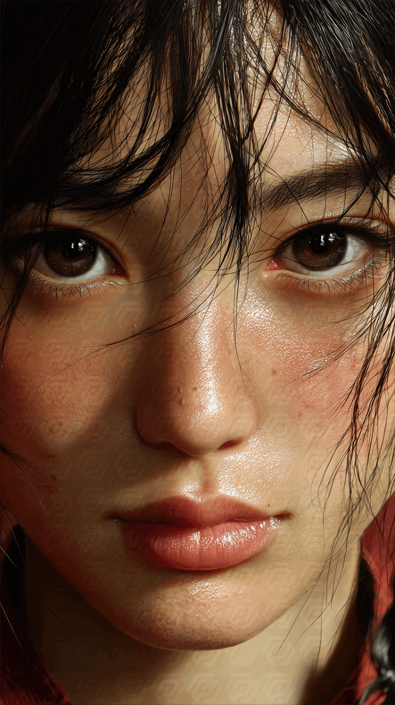Dramatic Close-Up of a Young Woman With Wet Hair and Strong Lighting