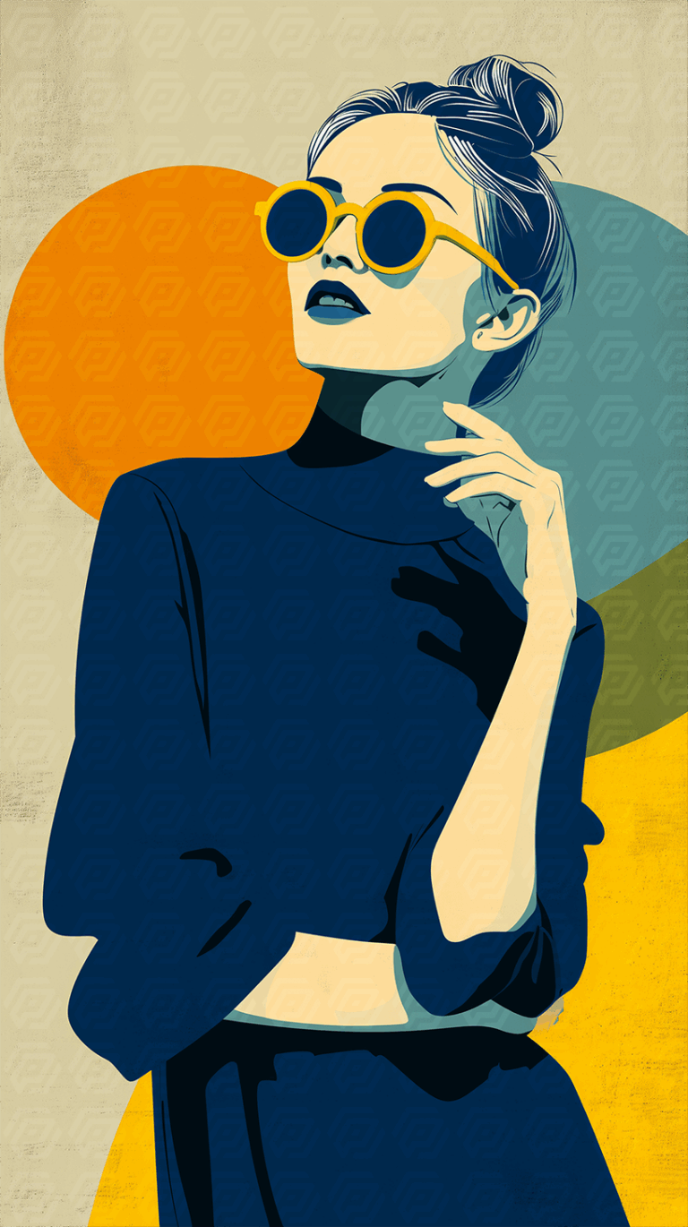 Stylish Woman in Yellow Glasses with Graphic Backdrop