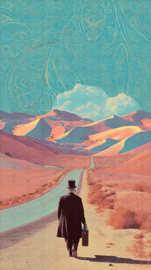 Man In Top Hat Walks Towards Paisley Sky And Pink Dunes