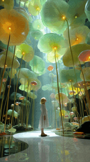 Woman Exploring Dreamlike Forest of Giant Glowing Petals