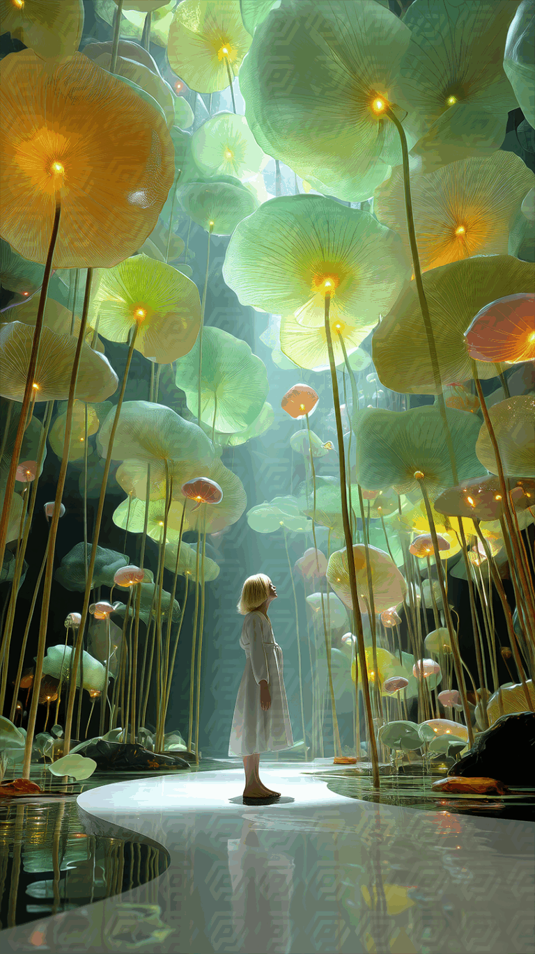 Woman Exploring Dreamlike Forest of Giant Glowing Petals