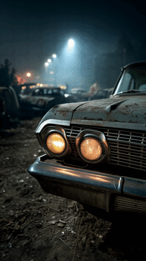 Vintage Car Headlights Illuminated at Night in a Junkyard