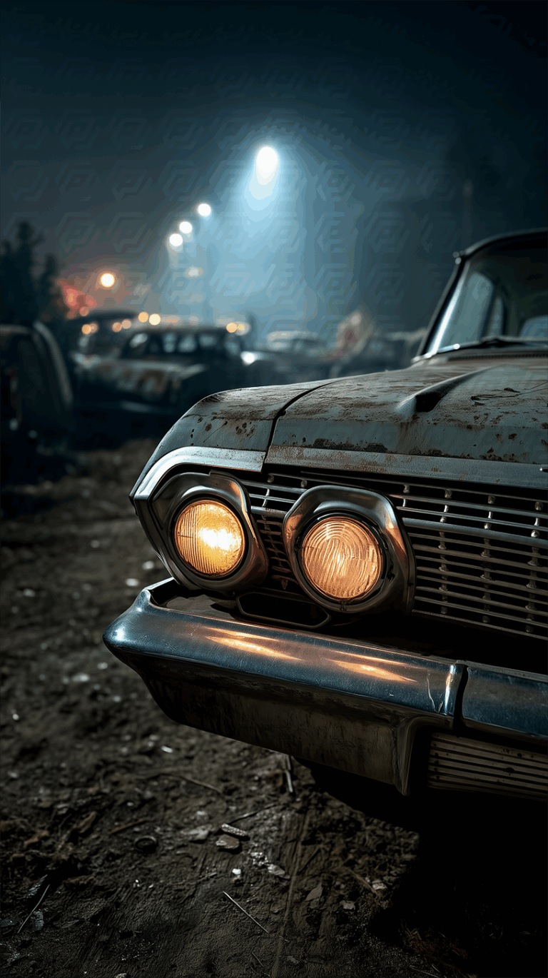 Vintage Car Headlights Illuminated at Night in a Junkyard