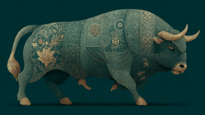 Decorative Bull with Floral Embellishments on Deep Teal Background