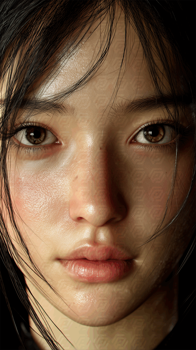 Close-Up Realistic Portrait of a Girl With Messy Hair and Gentle Gaze