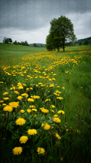 Blooming Dandelion Meadow Under Cloudy Sky