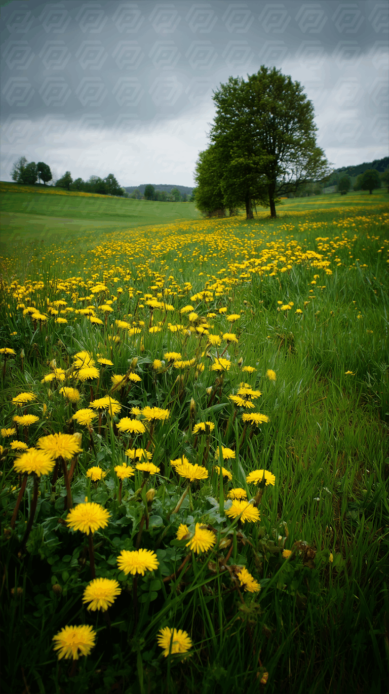 Blooming Dandelion Meadow Under Cloudy Sky