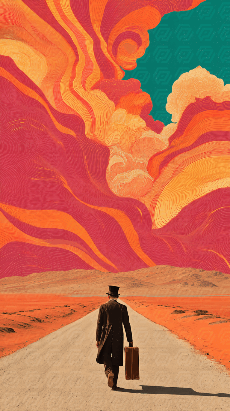 Figure Walks Towards Fiery Abstract Sky In Desert Landscape