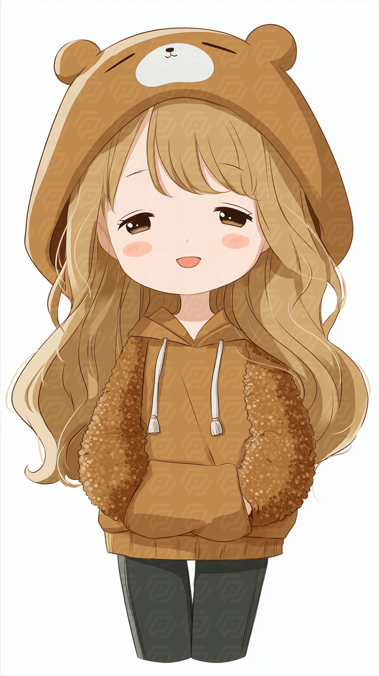 Smiling Anime Girl With Bear Hoodie And Fluffy Sleeves