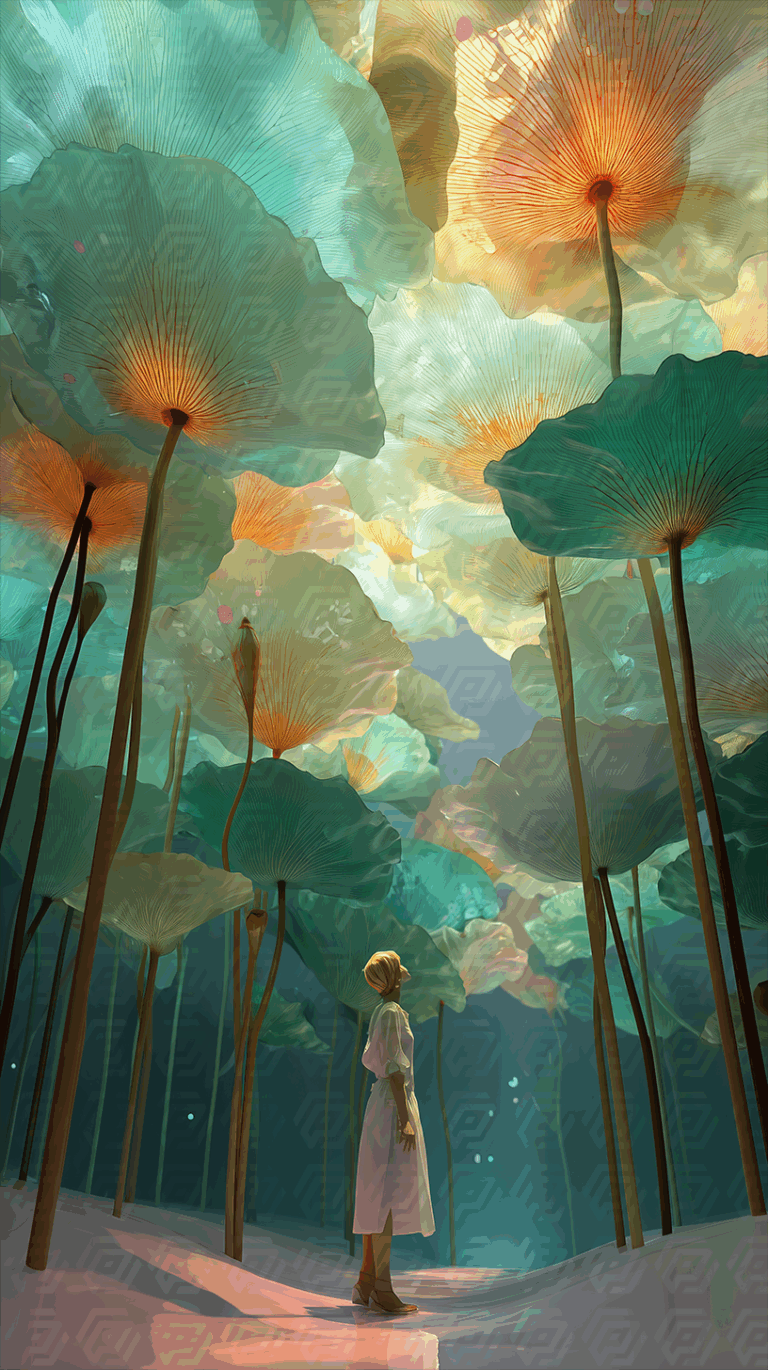 Enchanting Forest with Woman Under Luminous Leaves