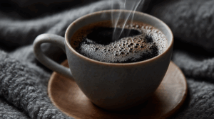 Steaming Cup of Black Coffee in Cozy Setting