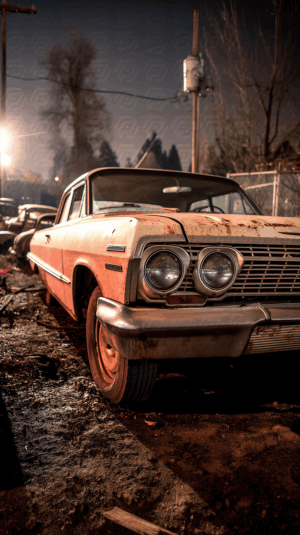 Rusty Vintage Car in Junkyard at Dusk with Moody Lighting