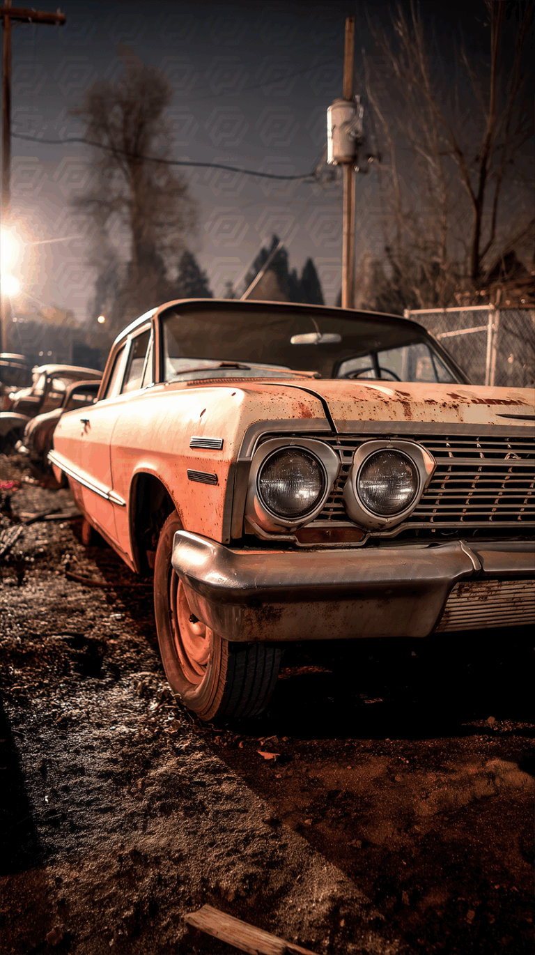 Rusty Vintage Car in Junkyard at Dusk with Moody Lighting