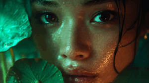 Close-Up Portrait of Wet Face Surrounded by Lotus Leaves