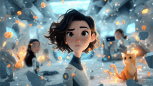 Animated Girl in Space with Debris and Curious Cat