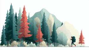 Minimalist Hiker in Stylized Forest with Red Trees