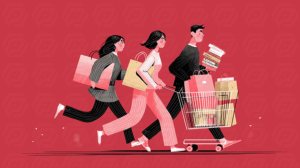 Cartoon Shoppers With Packages On Red Background