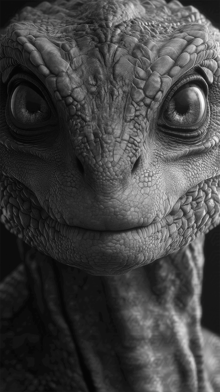 Black And White Close-Up Of A Lizard Face With Intense Texture