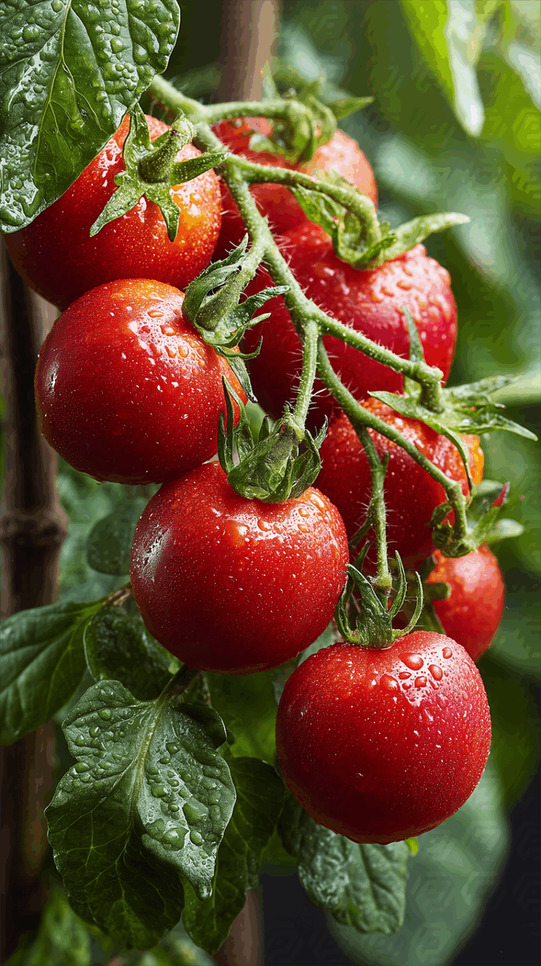 Wet Red Tomatoes Cluster On Vine Closeup