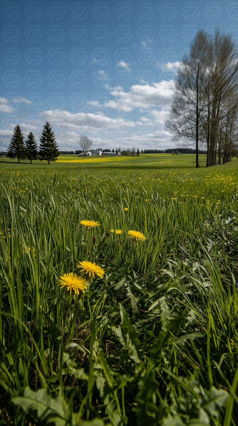 Dandelions Blooming In Spring Meadow With Farmhouse In Background