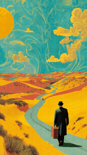 Man With Suitcase Walks Through Psychedelic Yellow And Blue Desert