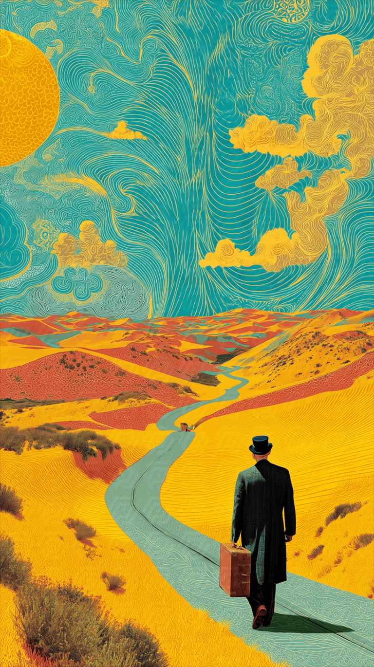 Man With Suitcase Walks Through Psychedelic Yellow And Blue Desert