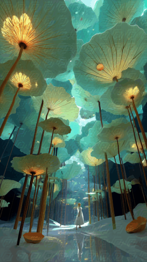 Surreal Fantasy Forest with Giant Glowing Lotus Leaves and a Woman in White Dress