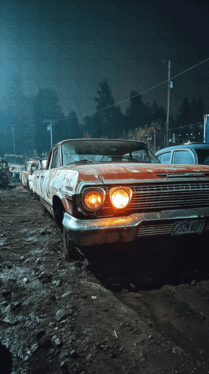Rustic Classic Car with Headlights On in a Muddy Nighttime Junkyard
