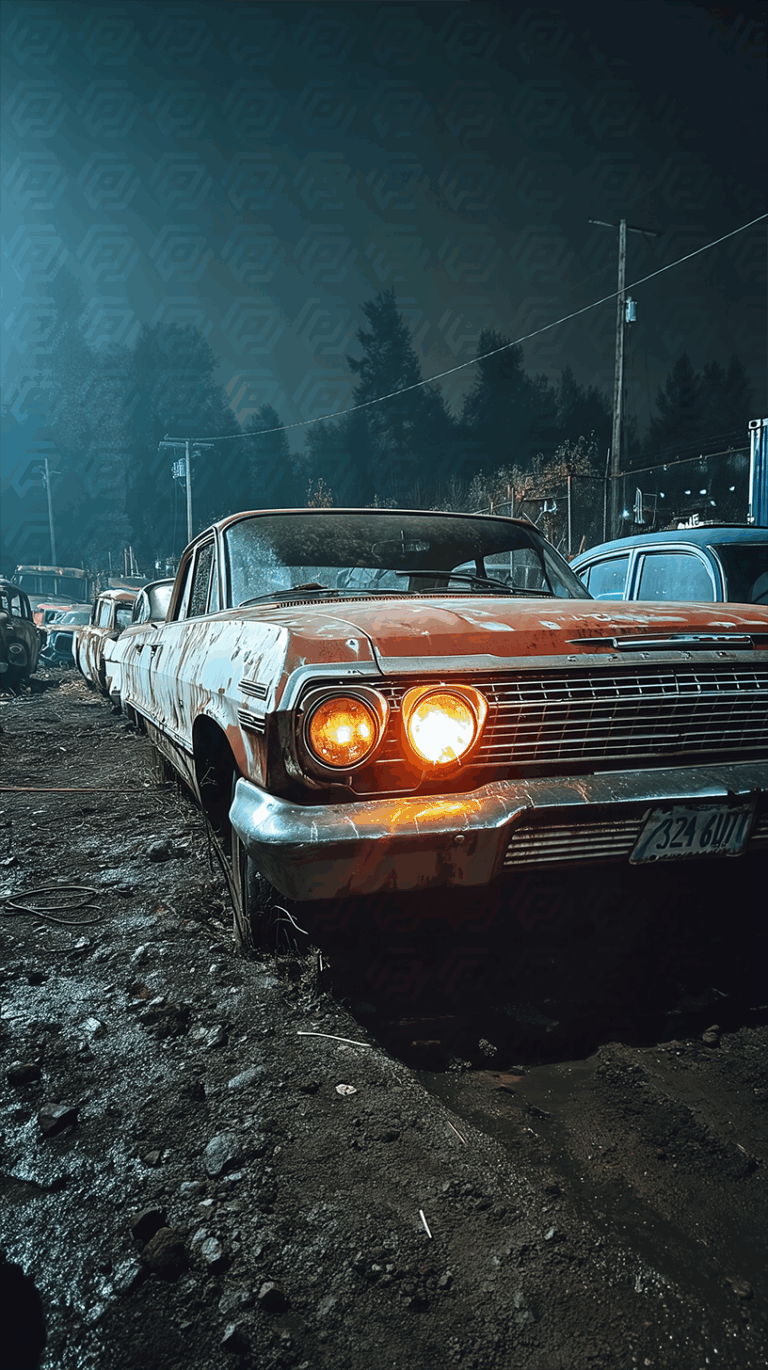 Rustic Classic Car with Headlights On in a Muddy Nighttime Junkyard