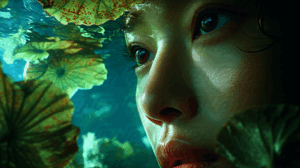 Woman's Face Immersed in Water with Floating Lotus Leaves