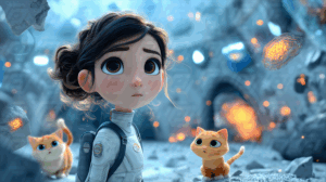 Cartoon Girl and Cats Exploring Sci-Fi Wreckage