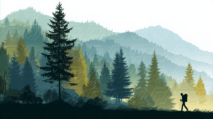 Silhouetted Hiker in Atmospheric Forest Mountains