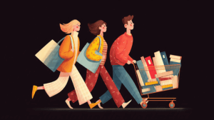 Happy Shoppers With Books In Cart On Black Background