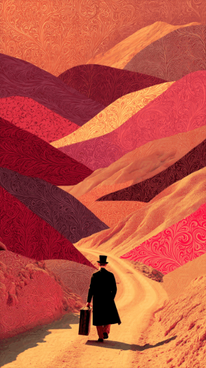 Man Journeys Through Paisley Patterned Red And Orange Hills