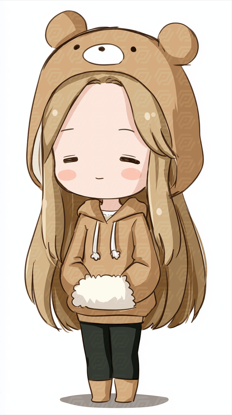 Cute Chibi Girl Wearing Bear Hoodie and Standing Calmly with Hands Together