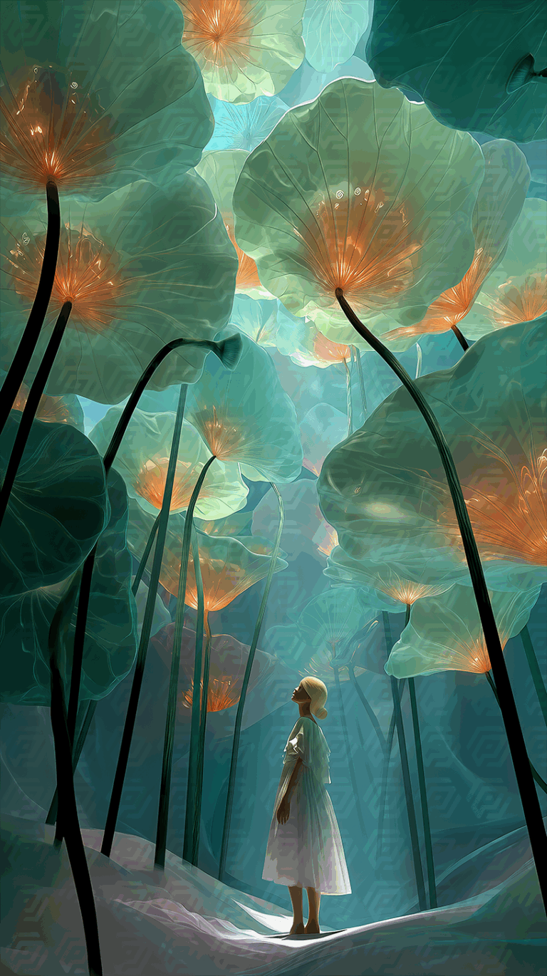 Mystical Light-Filled Lotus Grove with Woman Gazing Upward