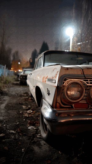Close-Up of Vintage White Car with Rust in a Foggy Urban Alley