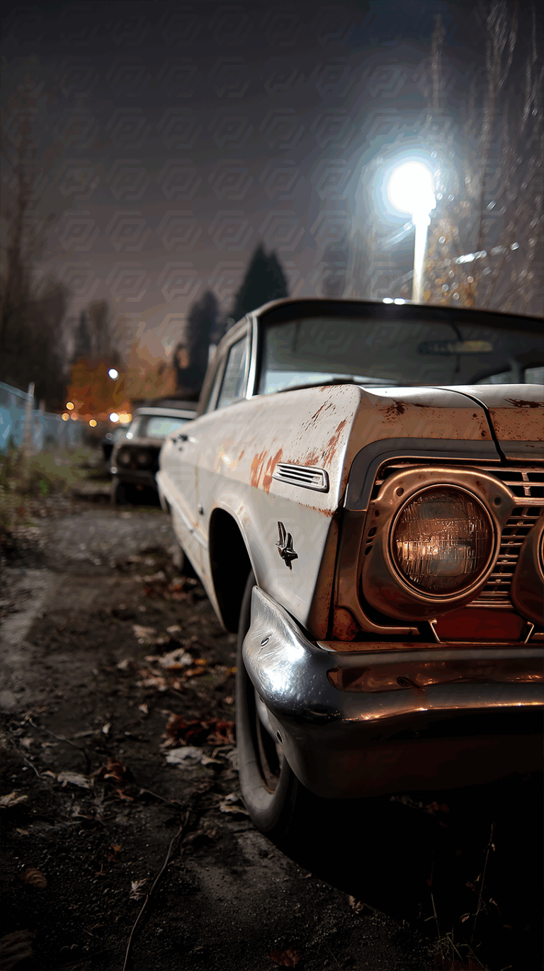 Close-Up of Vintage White Car with Rust in a Foggy Urban Alley