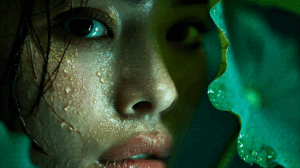 Close-Up of Wet Woman's Face Framed by Leaves