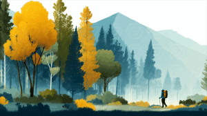 Bright Yellow Trees and Hiker in Misty Forest Valley