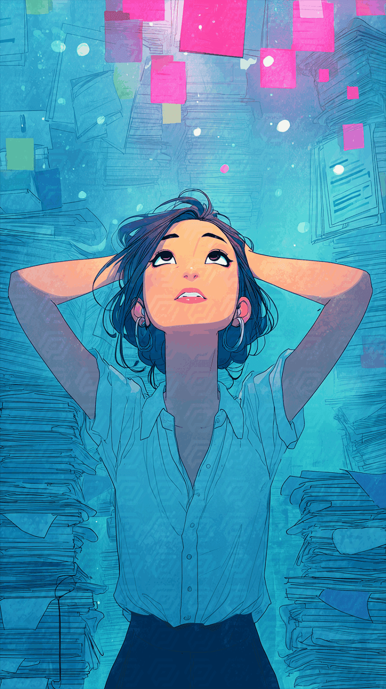 Woman Looking Up Amid Floating Documents and Tall Paper Stacks